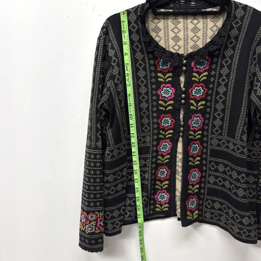 Gudrun Sjoden Cotton Cardigan, Size M, Black, Cream Multicolor Floral Embroidery - Picture 7 of 12